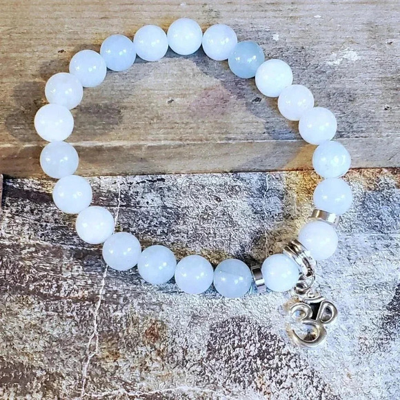 Om Aum Zen Mantra Mindfulness Light Blue Agate Gemstone Stretch Bracelet - Picture 6 of 8
